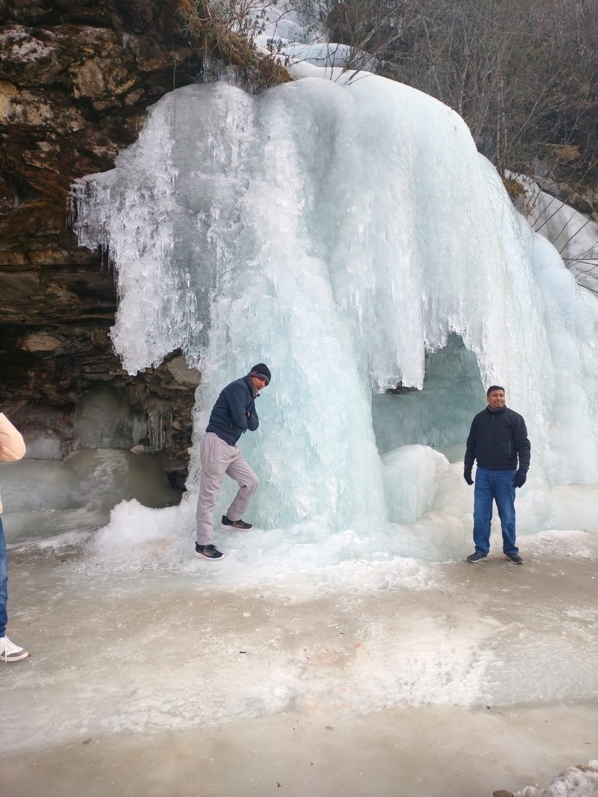 Frozen waterfall ice wall on the Tawang winter route