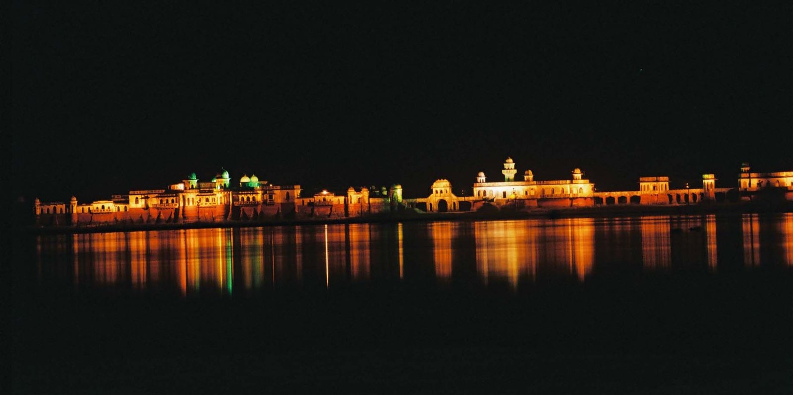 Neermahal water palace lit up at night, Tripura